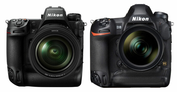Försök till jämförelse mellan Nikon Z9 (vänster) och Nikon D6 (höger). Även om vi inte har exakta mått kan man enkelt trimma bilderna mot varandra för att få en upplevelse av måtten hos Z9 jämfört med D6.