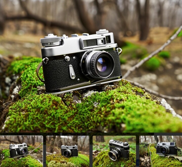 'Promptograferad' bild med texten 'a vintage camera in the woods with a lot of moss'.