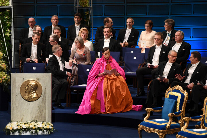 Årets Nyhetsbild Sverige: Jonathan Näckstrand, AFT/Frilans. Den 10 december 2018, tidigare svenskakademiens ständiga sekreterare Sara Danius sitter i konserthuset i Stockholm i en rosaorange klänning före Nobels prisutdelningsceremoni 2018.