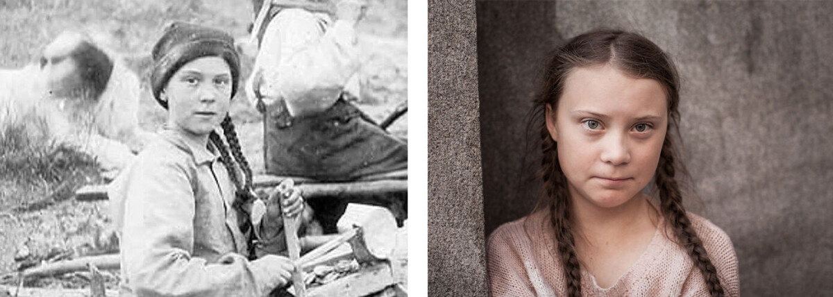 Okänd flicka letar guld, 1898 (vänster) och Greta Thunberg, 2018 (höger).