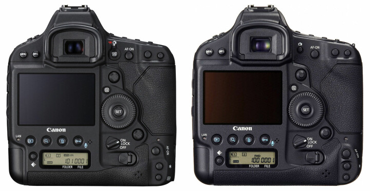 Till vänster ser vi baksidan hos Canon EOS 1D X Mark II, till höger baksidan hos föregångaren 1D X.