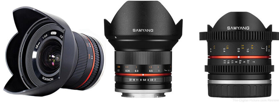 12mm f/2, 10mm f/2,8 och 8mm f/2,8. Notera att 12mm f/2 är märkt 'Rokinon' vilket är ett av de andra namnen som Samyang säljs under, men konstruktionen är den samma oavsett namnet på objektivet.