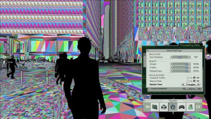 Geometrisystemet 'nanite' i Unreal Engine 5, som här syns som polygoner i olika färgkoder.