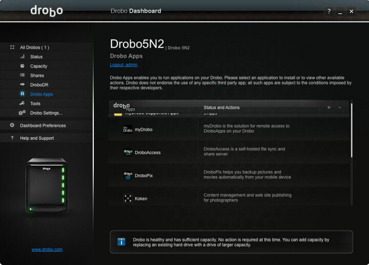 Appar. Det finns några få appar att installera på Drobo 5N2, men inte många.