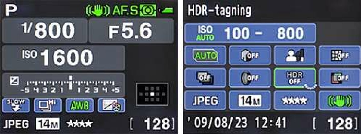 Smarta menyer. Pentax har gjort enkla och tydliga visningar av inställningarna som man enkelt skiftar mellan med info-knappen. Det går att gå in direkt och ändra en inställning.