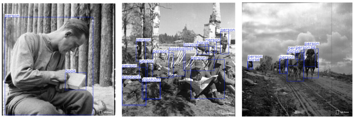 Bild från studien. Exempel på fotografier med olika utsnitt, och hur AI upptäcker detta samt olika föremål i bilderna.