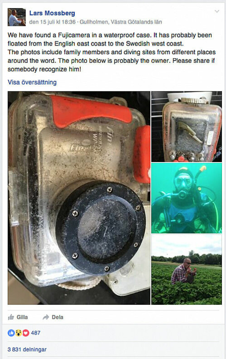 Lars Mossberg som hittade kameran skriver ett inlägg i gruppen 'Lost at sea' på Facebook.