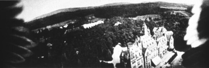 En känd bild av Schlosshotel Kronberg tagen av en duva där »fotografens« vingar syns i bilden.