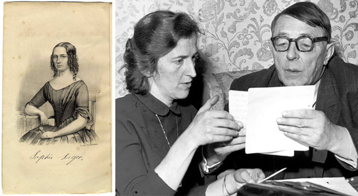 Sofie Sager (vänster) och Margit Sahlin (höger), två av de kvinnor som lyfts i utställningen Tusen år av kvinnokraft. Här margit Sahlin tillsammans med biskop Arne Fjellbu där de studerar det nya förslaget till ny kyrklig kvinnotjänst, 1952.