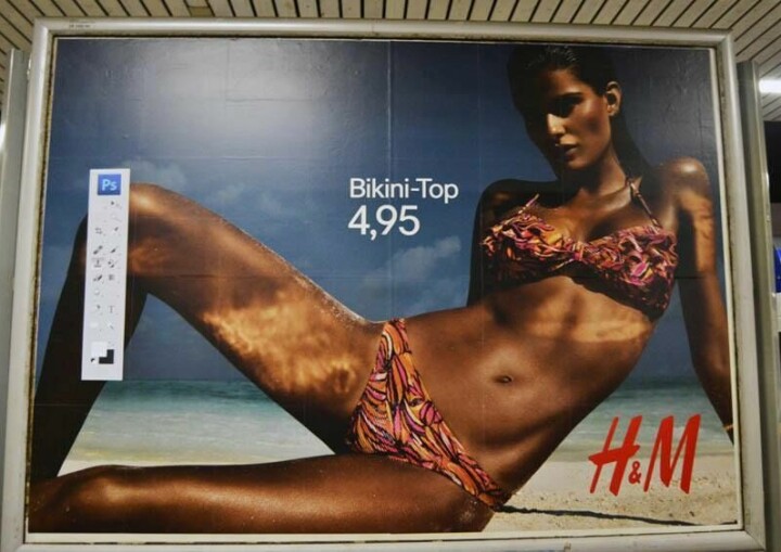 H&M-reklambild från Tyskland som skapade stor diskussion under 2012 då modellen såg onaturligt brun ut. Ordet 'tanorexia' började användas. På reklambilden har någon klistrad fast Photoshops verktygspalett.