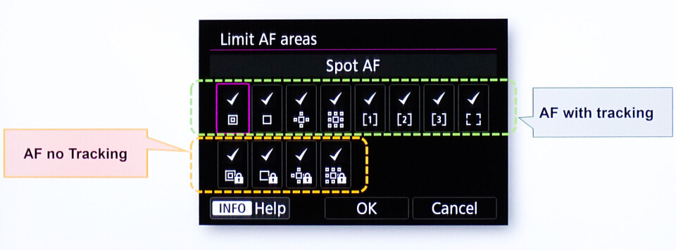 Funktionen för valda AF-areor går att ställa in med eller utan tracking via menyn.