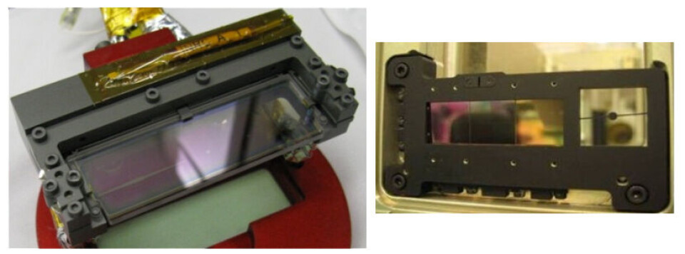 Vänster: NIRCams koronagrafiska bildplans-enhet, bestående av två kilformade stänger och tre runda fläckar. Höger: MIRIs fyra koronagrafiska bildplans-enhet, bestående av tre fasförskjutande fyrkvadrantsmasker och en rund fläck (från vänster till höger).