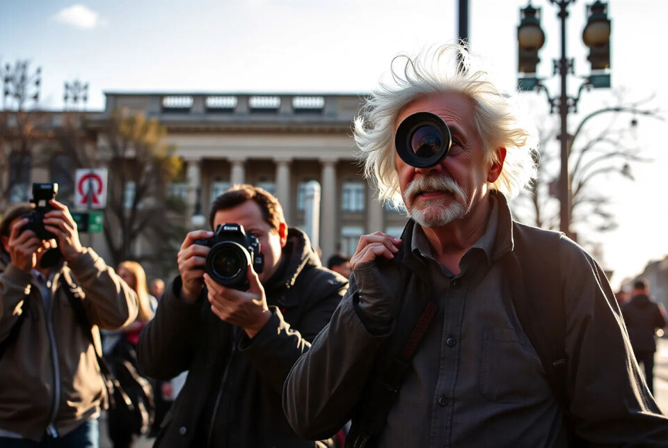 a group of photographers standing and taking photos in the street. One of them looks like Albert Einstein. The weather is clear and light dramatic.