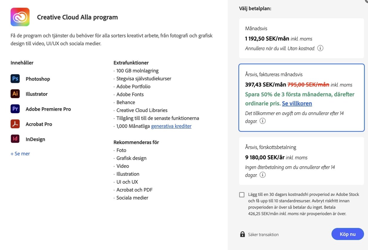 Stor prishöjning på Adobes programvarusvit Creative Cloud