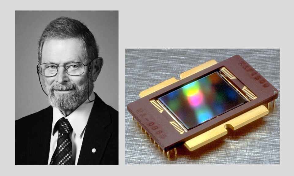 George E Smith, en av uppfinnarna av CCD-sensorn. Höger: En Kodak KAF-1300-sensor som lade grunden för bildsensorer.
