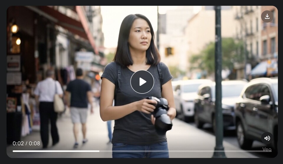 Skärmbild från en video skapad med textprompten 'en fotograf som går ute på gatan och tar en bild'.
